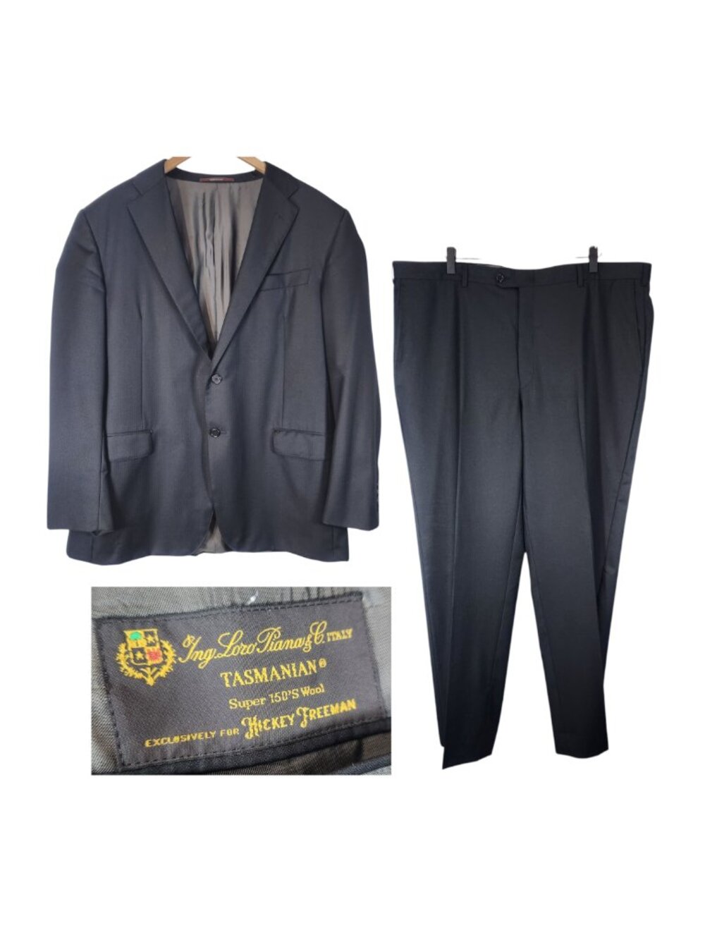 Hickey Freeman Loro Piana Tasmanian Super 150's Wool Black Suit Jacket Pants 46R